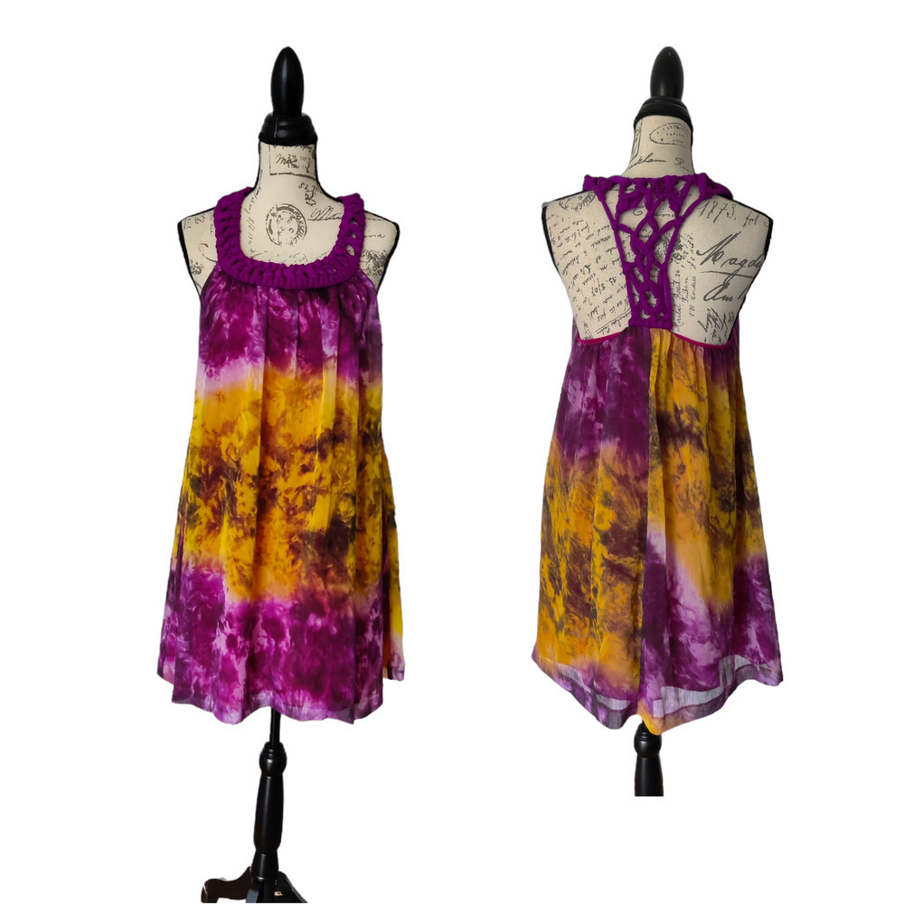 Braided Halter Tie Dye Multicolor Ombre Dress‎ Summer Purple Yellow Chiffon Sz M